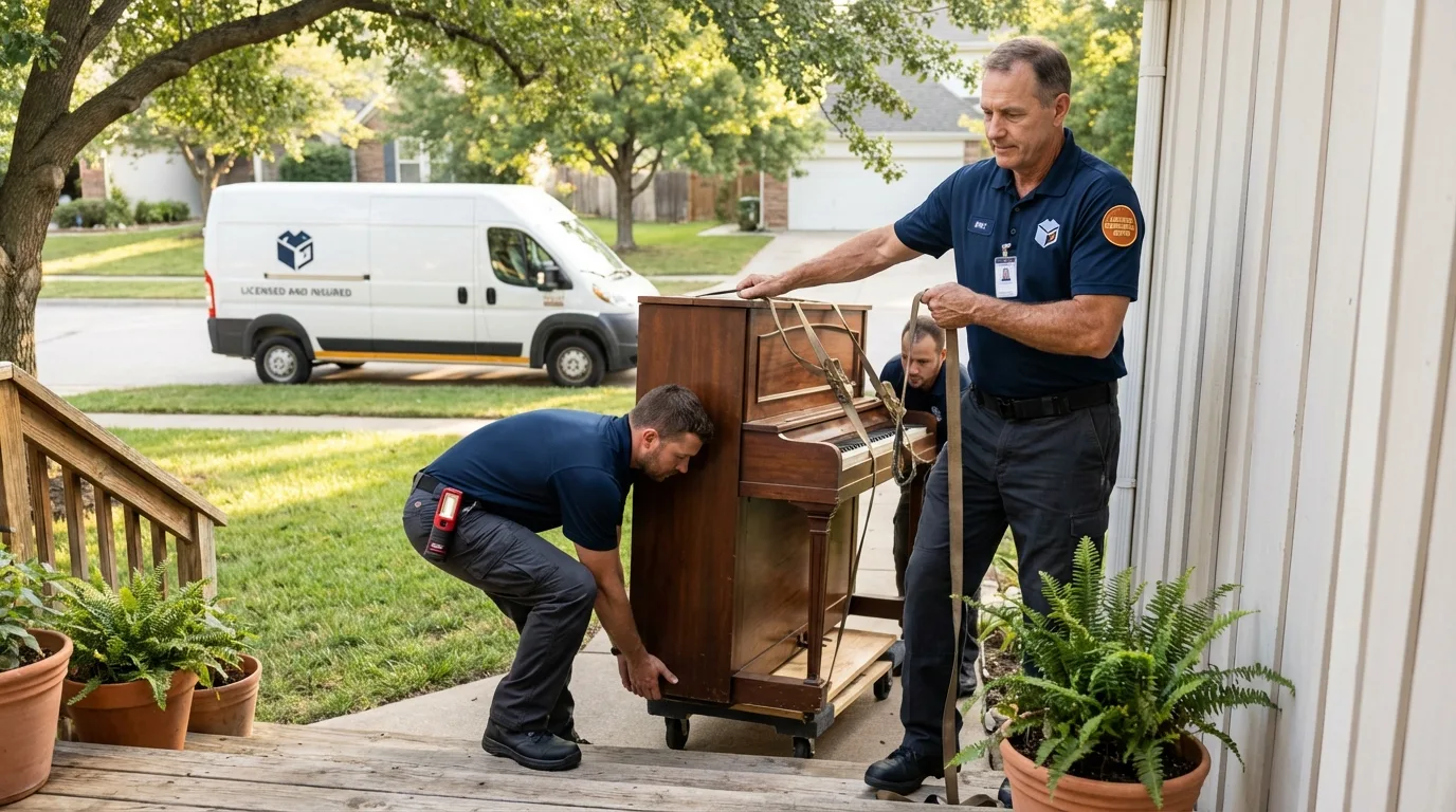 Licensed piano movers securing grand piano in Mount Olive, NC